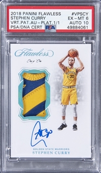 2018-19 Panini Flawless Platinum Vertical Patch Autograph #VPSCY Stephen Curry Signed Patch Card (#1/1) - PSA EX-MT 6, PSA/DNA 10